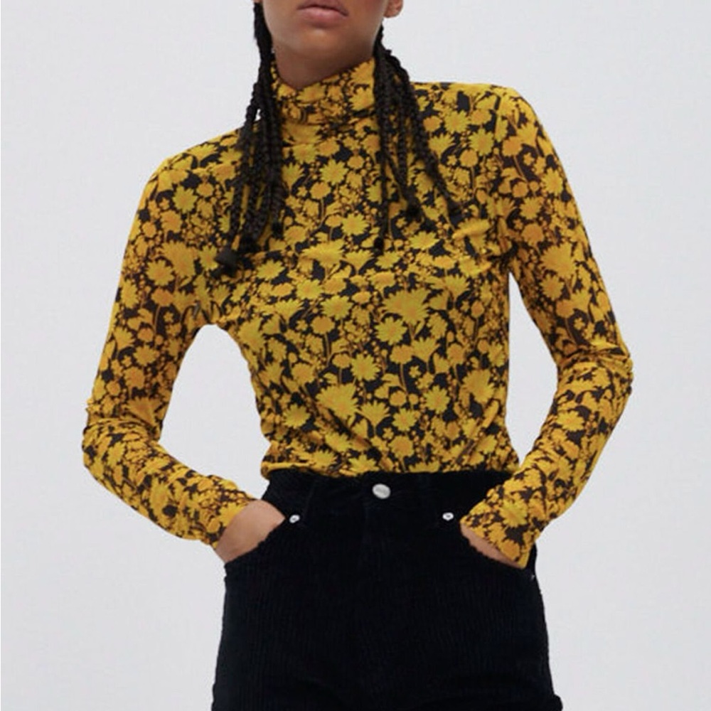 Ganni Printed Mesh Rollneck Blouse in Spectra Yellow size 38 /M